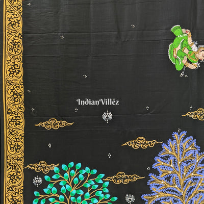 Black Ramayana Theme Hand-Painted Pattachitra Saree (Pre Order)