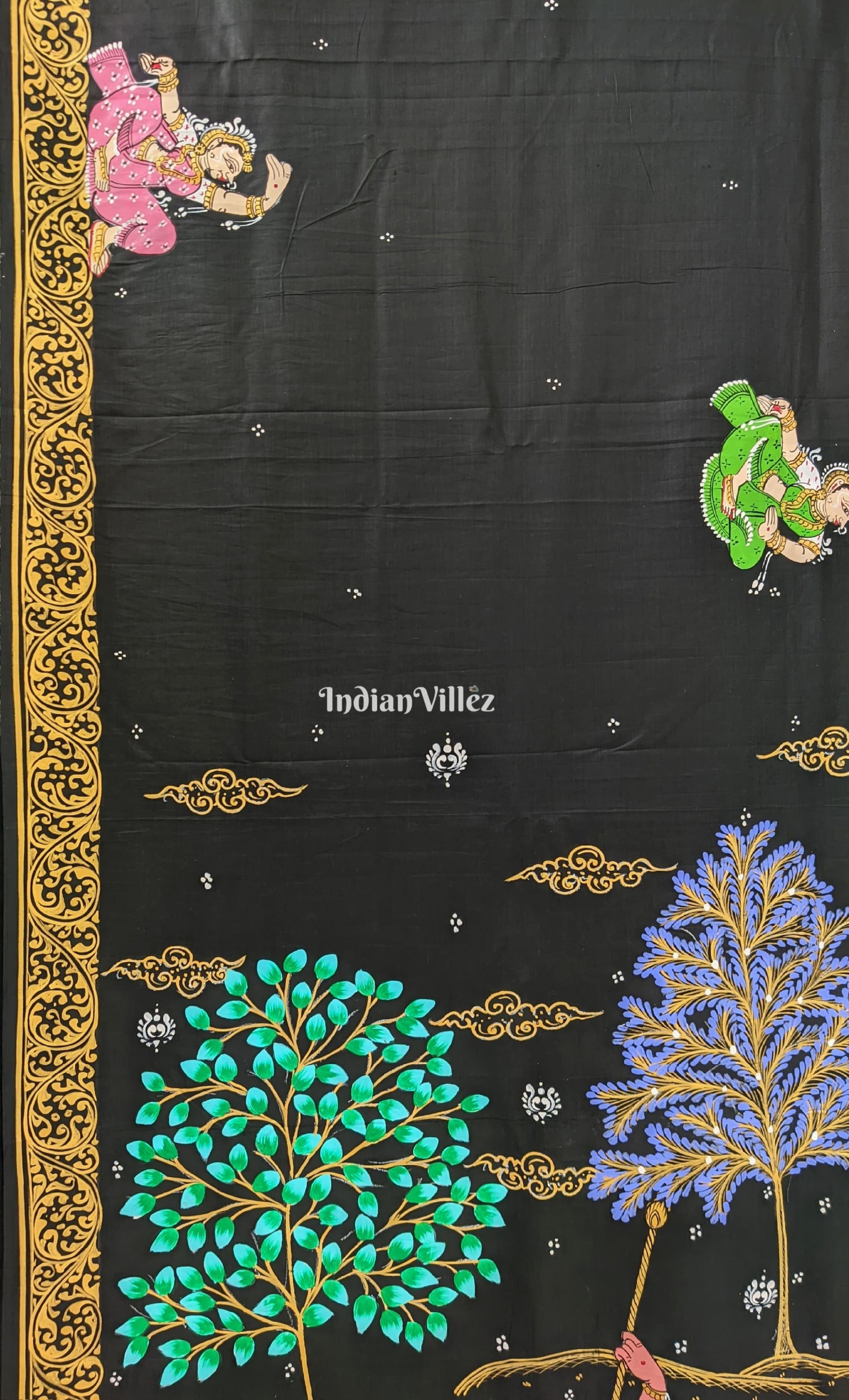 Black Ramayana Theme Hand-Painted Pattachitra Saree (Pre Order)