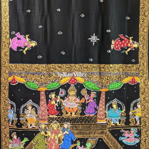 Black Ramayana Theme Hand-Painted Pattachitra Saree (Pre Order)