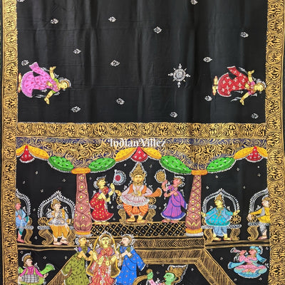 Black Ramayana Theme Hand-Painted Pattachitra Saree (Pre Order)