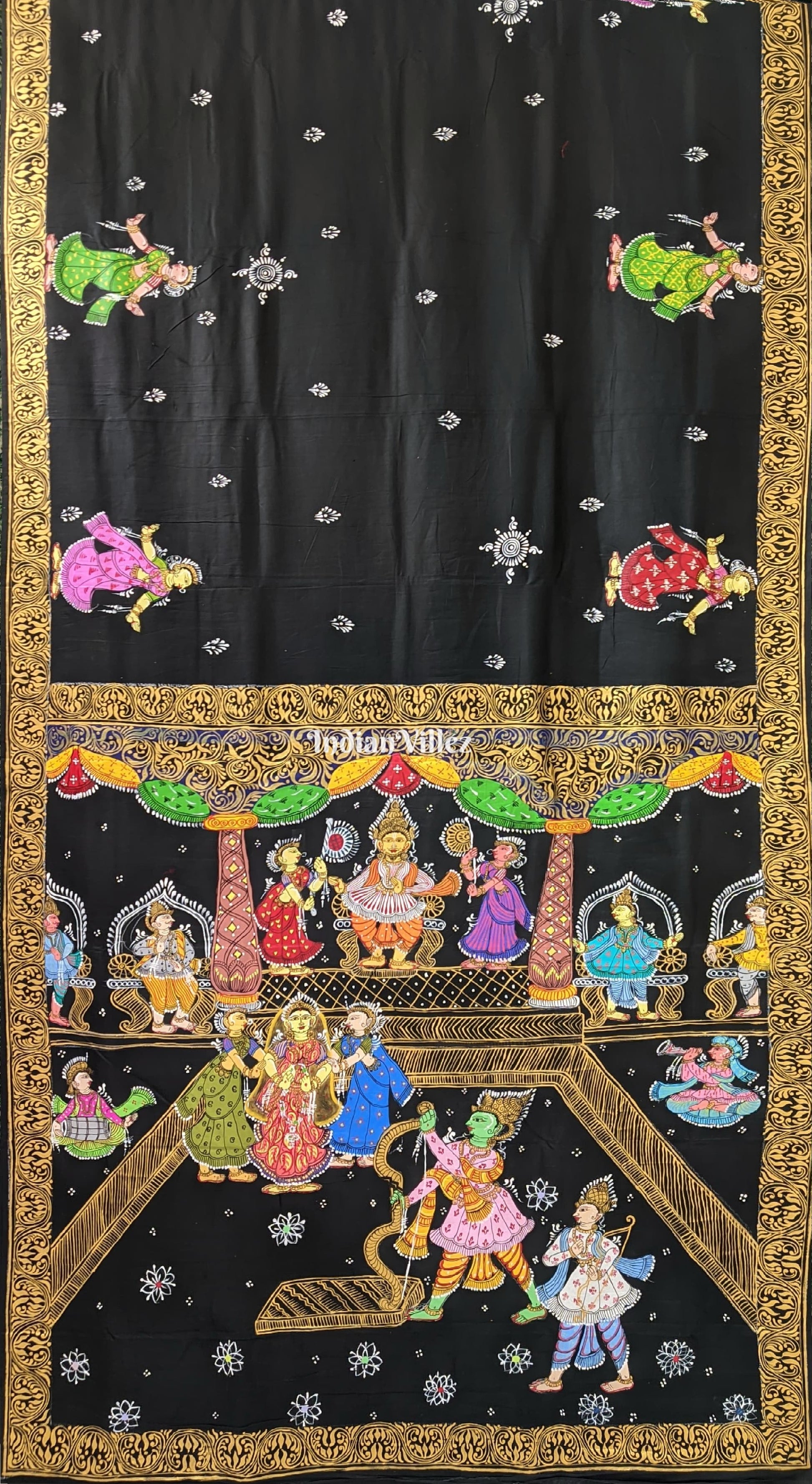 Black Ramayana Theme Hand-Painted Pattachitra Saree (Pre Order)