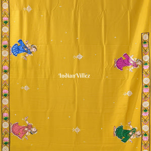 Lemon Yellow Ramayana Theme Pattachitra Saree