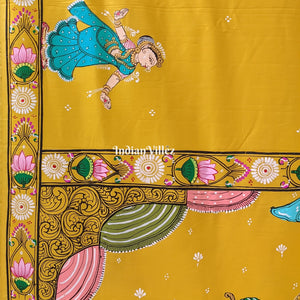 Lemon Yellow Ramayana Theme Pattachitra Saree