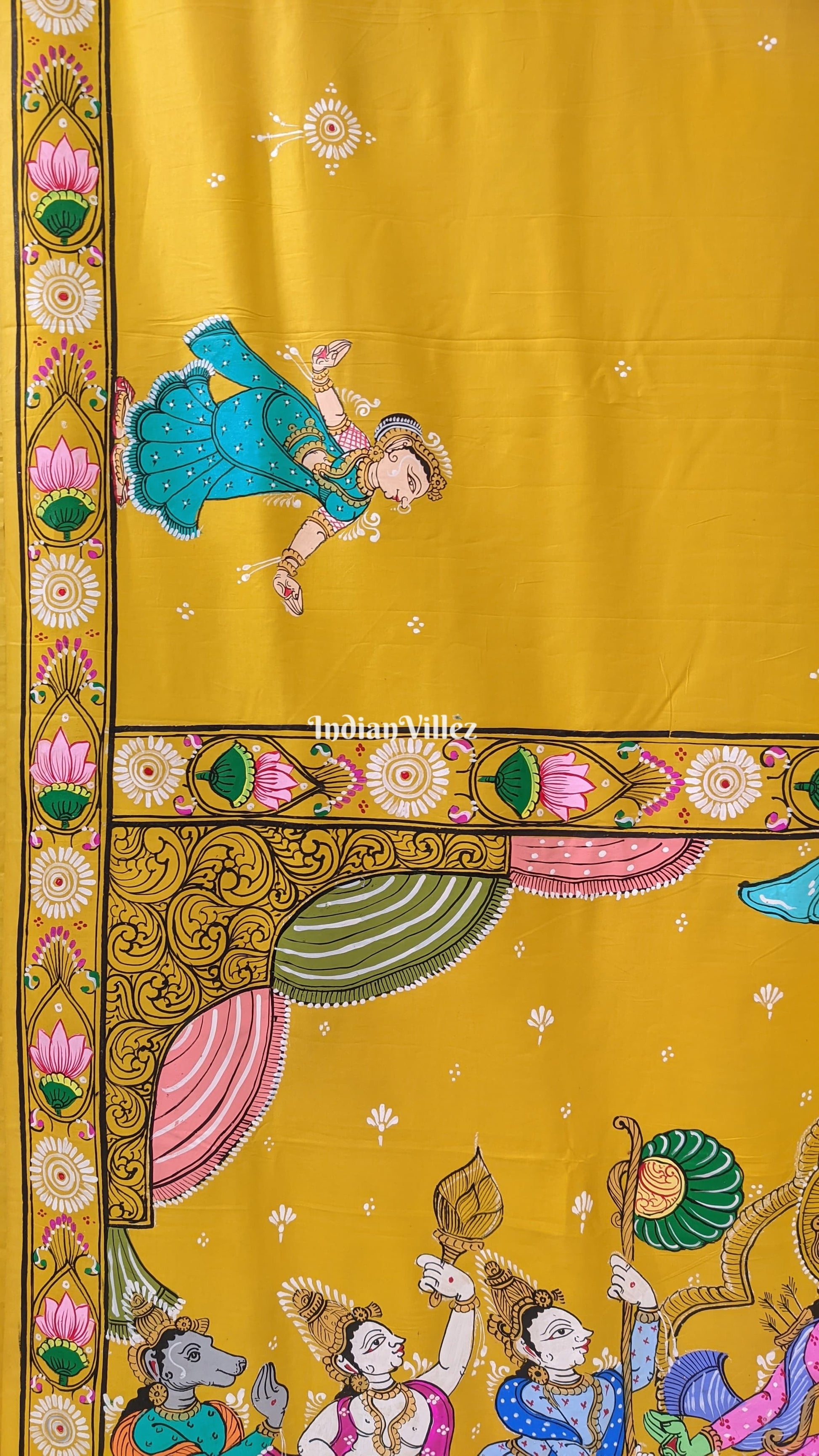 Lemon Yellow Ramayana Theme Pattachitra Saree
