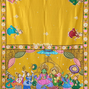 Lemon Yellow Ramayana Theme Pattachitra Saree