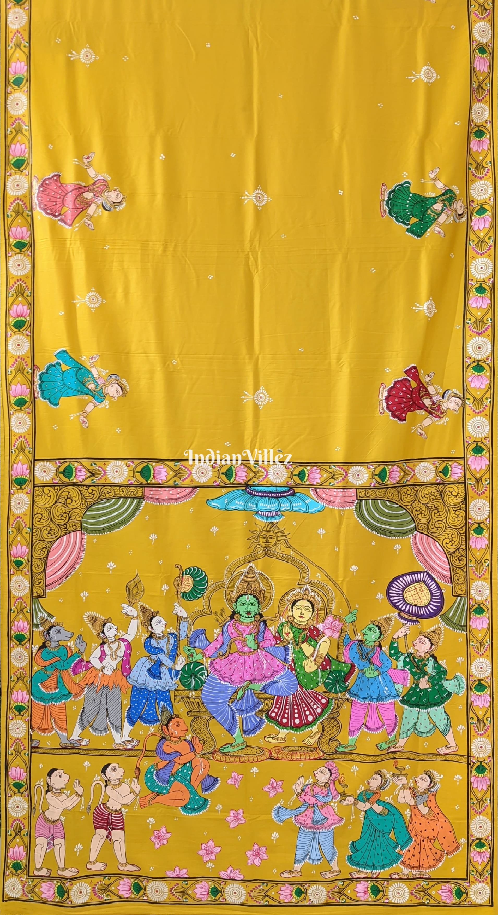 Lemon Yellow Ramayana Theme Pattachitra Saree