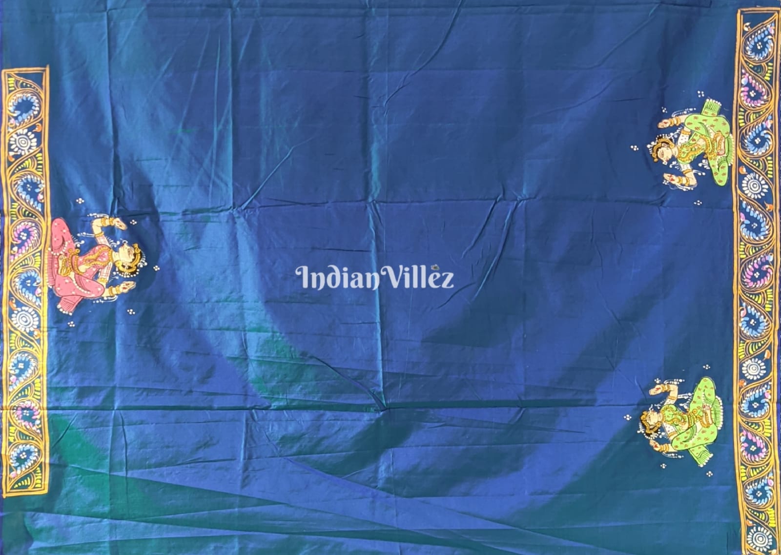 Peacock Blue Radha Krishna Boita Rasa Hand-Painted Pattachitra Saree