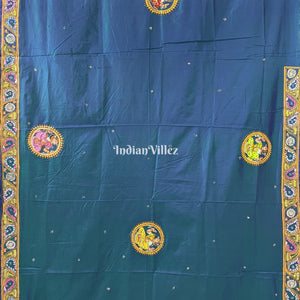 Peacock Blue Radha Krishna Boita Rasa Hand-Painted Pattachitra Saree