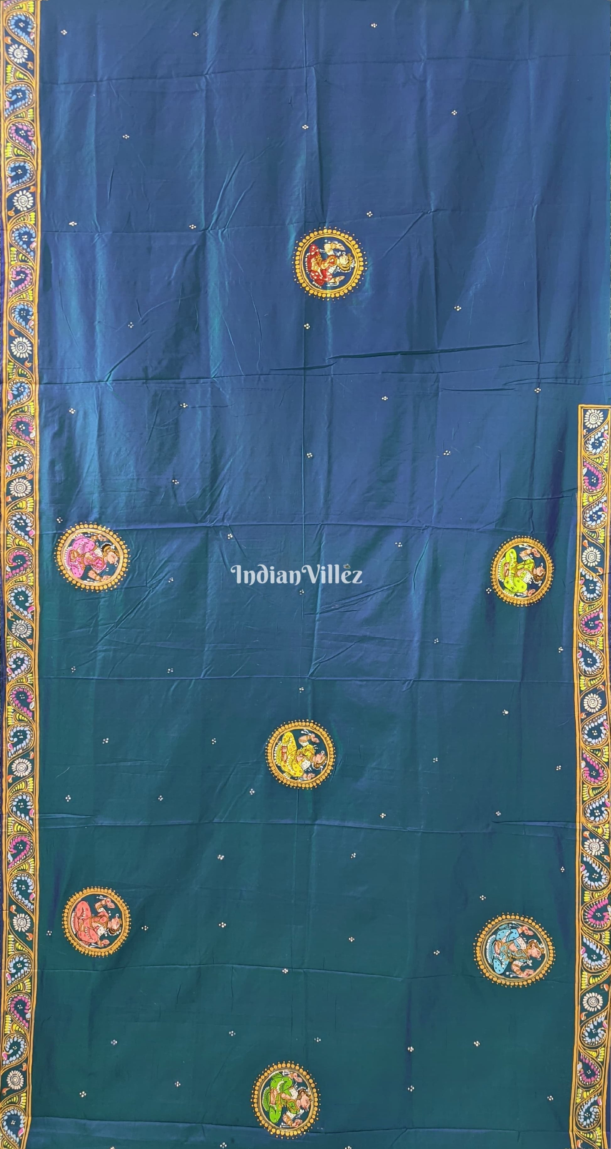 Peacock Blue Radha Krishna Boita Rasa Hand-Painted Pattachitra Saree