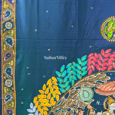 Peacock Blue Radha Krishna Boita Rasa Hand-Painted Pattachitra Saree