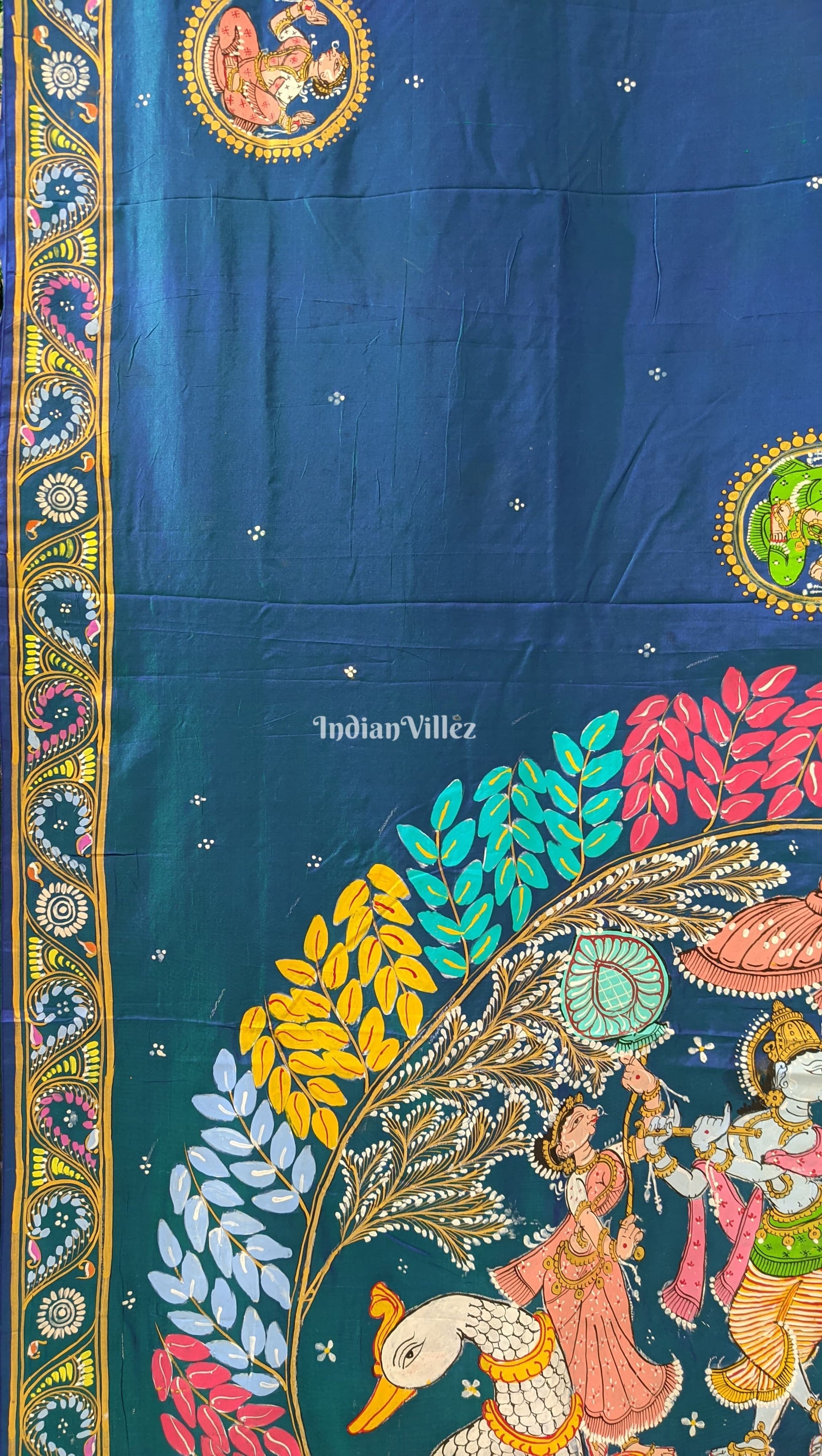 Peacock Blue Radha Krishna Boita Rasa Hand-Painted Pattachitra Saree