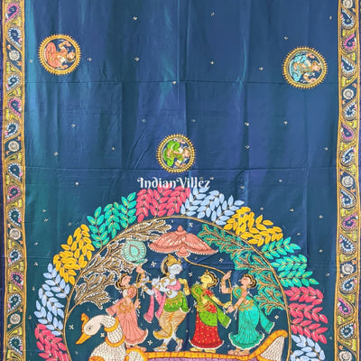 Peacock Blue Radha Krishna Boita Rasa Hand-Painted Pattachitra Saree