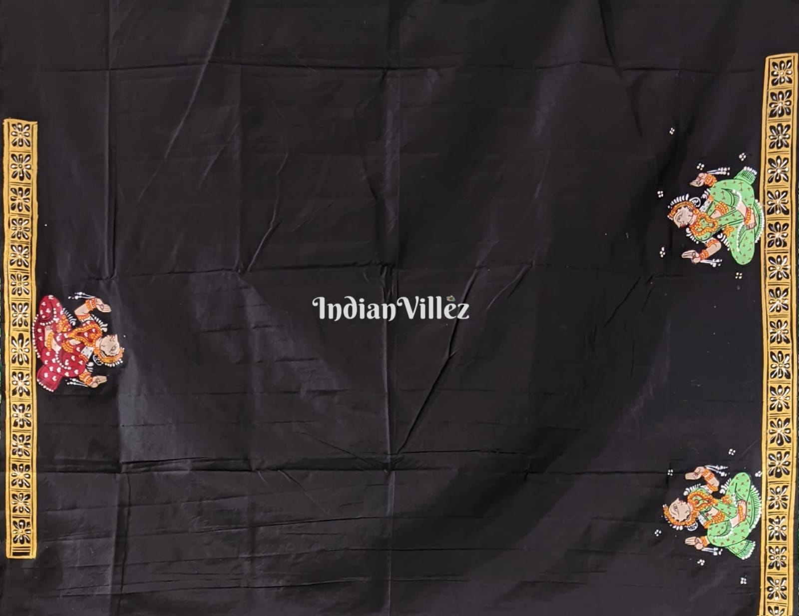 Black Elephant & Shringar Ras Hand-Painted Pattachitra Saree