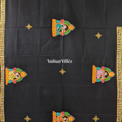 Black Elephant & Shringar Ras Hand-Painted Pattachitra Saree