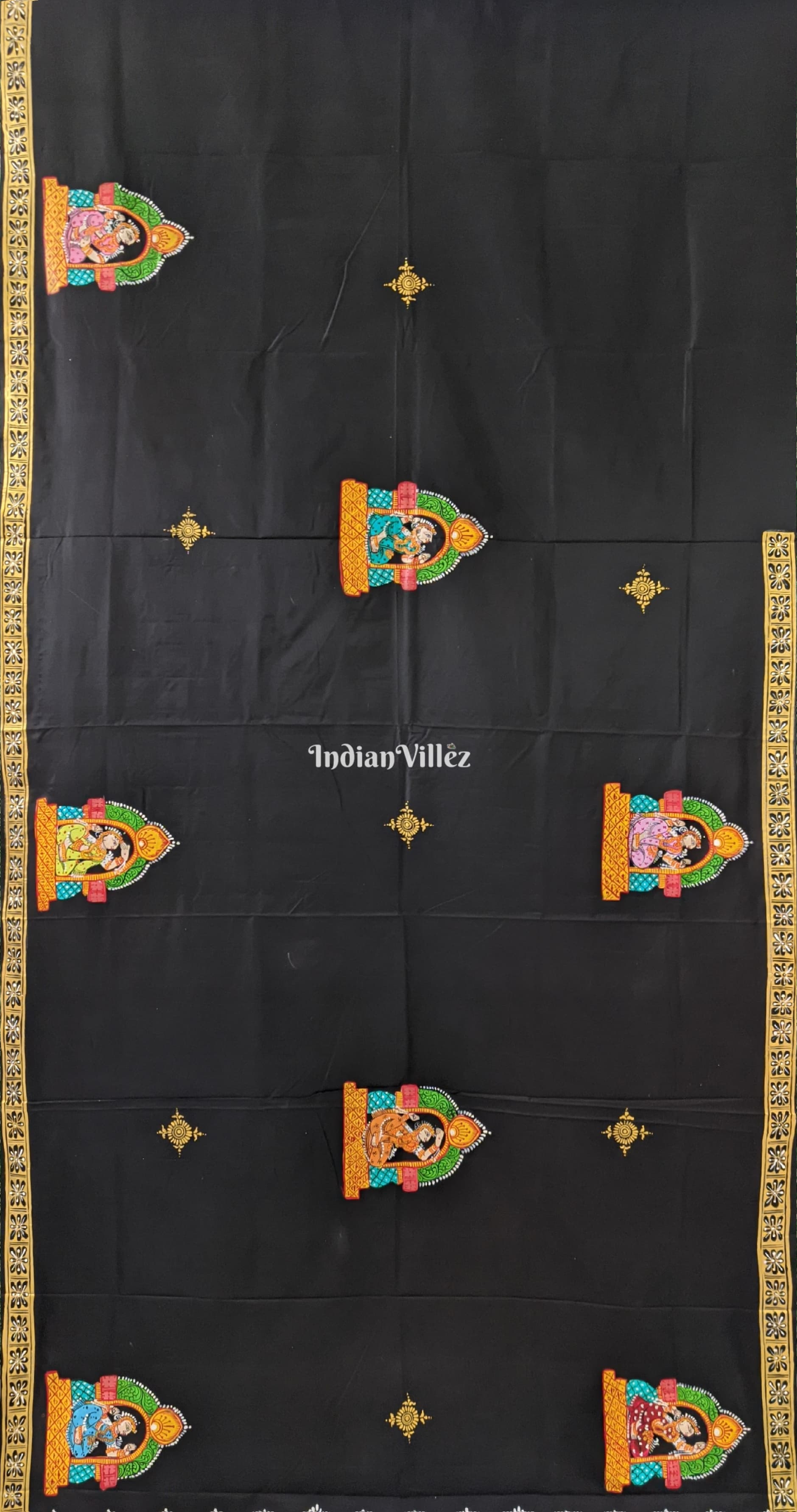 Black Elephant & Shringar Ras Hand-Painted Pattachitra Saree