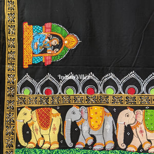 Black Elephant & Shringar Ras Hand-Painted Pattachitra Saree
