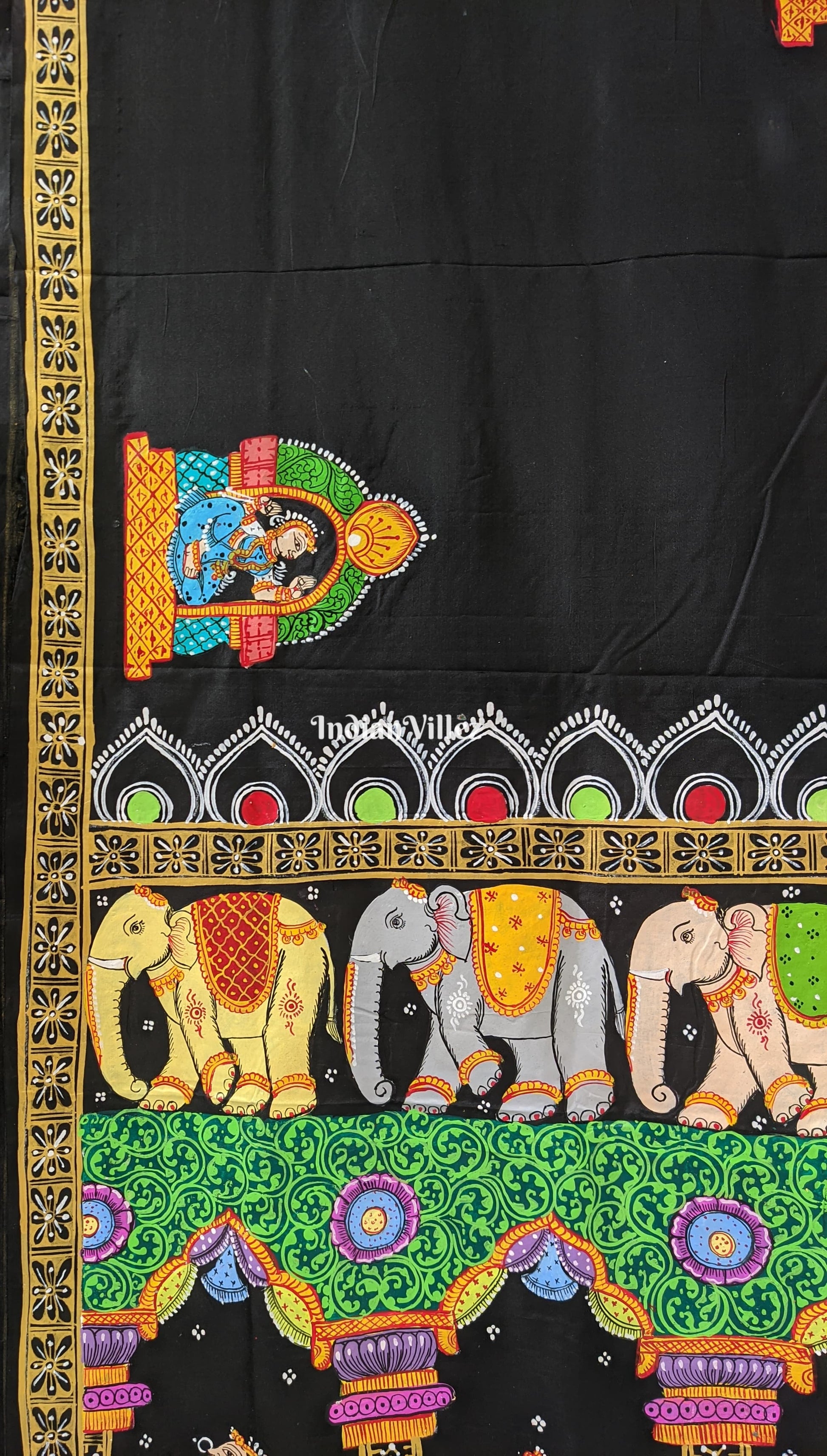 Black Elephant & Shringar Ras Hand-Painted Pattachitra Saree