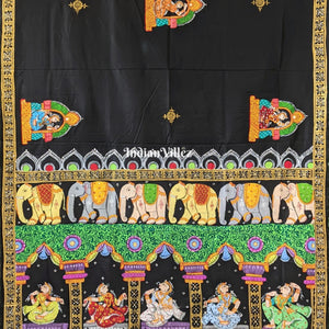Black Elephant & Shringar Ras Hand-Painted Pattachitra Saree