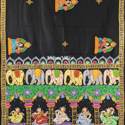 Black Elephant & Shringar Ras Hand-Painted Pattachitra Saree
