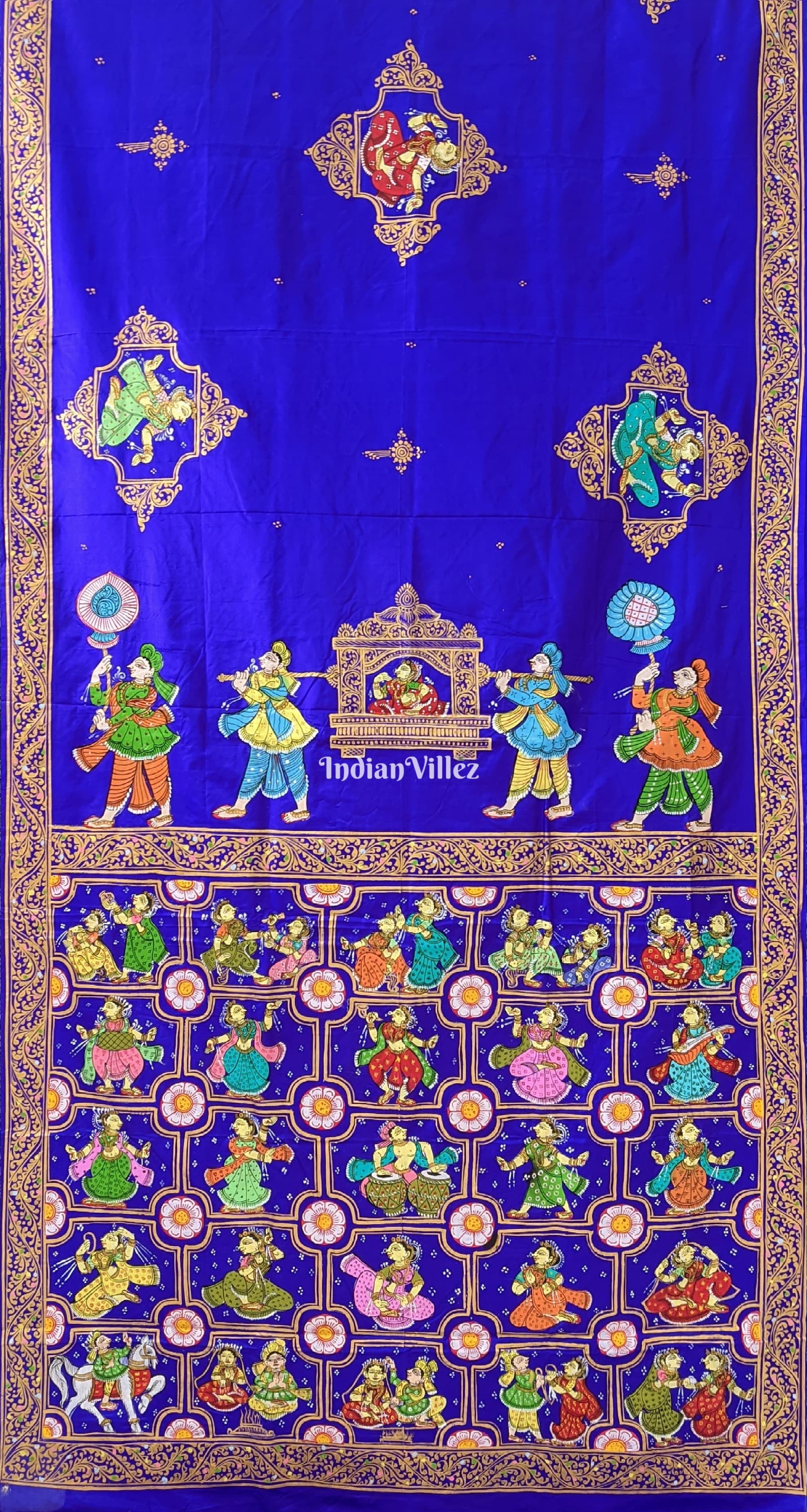 Blue Marriage Theme Hand-Painted Pattachitra Saree (Pre Order)