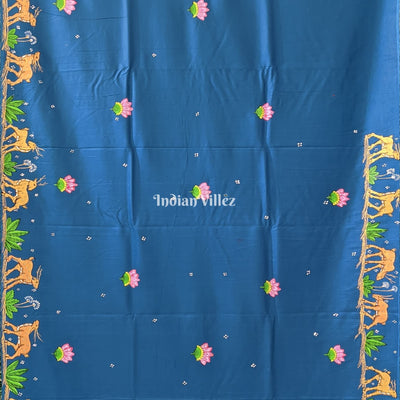 Sky Blue Ramayana Theme Pattachitra Saree (Pre Order)