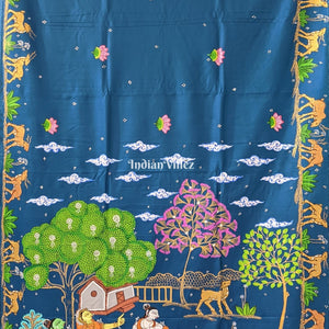Sky Blue Ramayana Theme Pattachitra Saree (Pre Order)