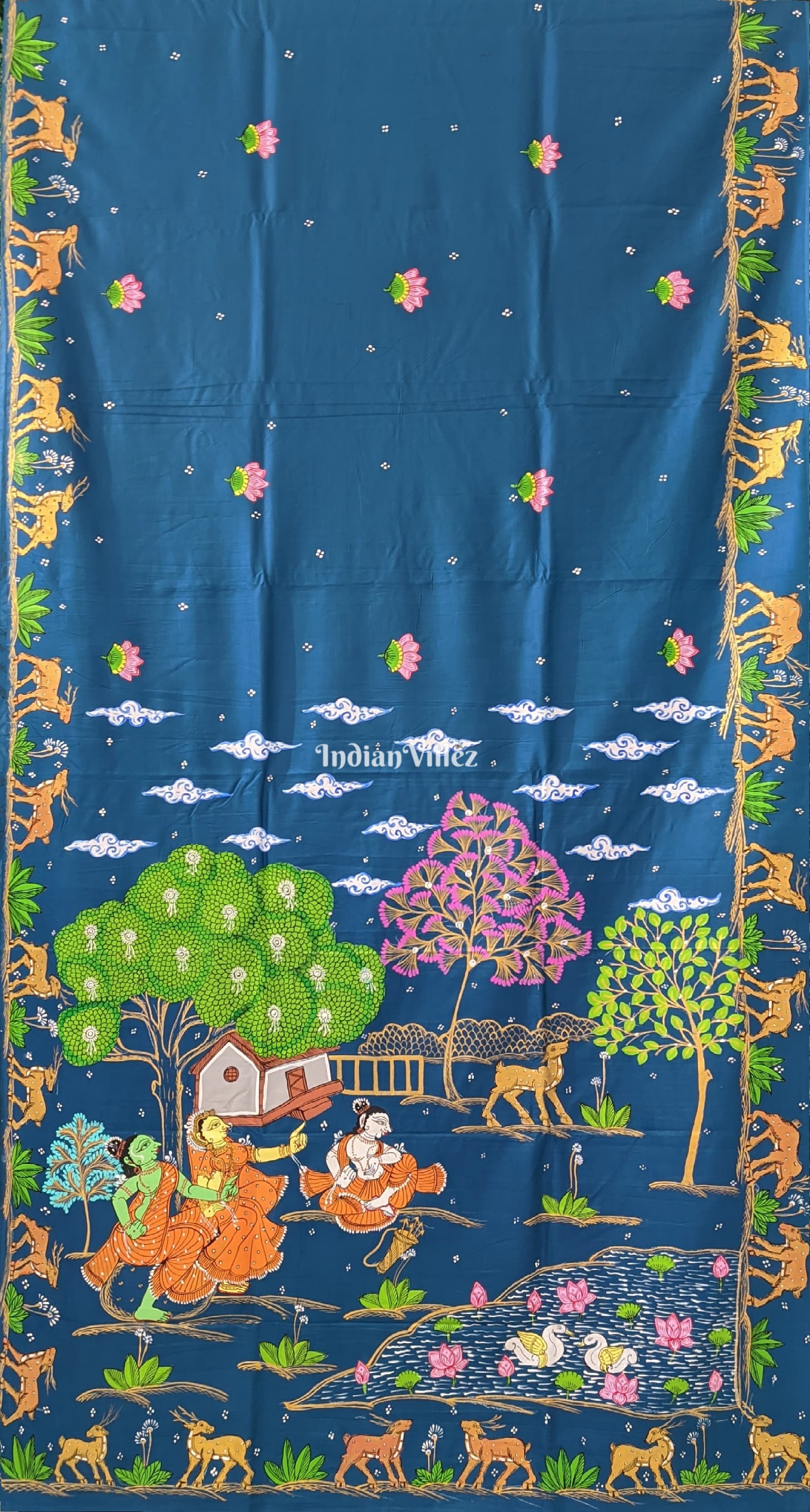 Sky Blue Ramayana Theme Pattachitra Saree (Pre Order)