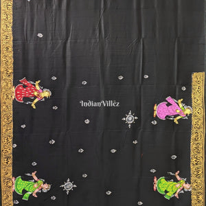 Black Ramayana Theme Hand-Painted Pattachitra Saree (Pre Order)