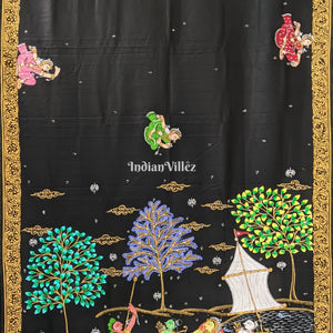 Black Ramayana Theme Hand-Painted Pattachitra Saree (Pre Order)