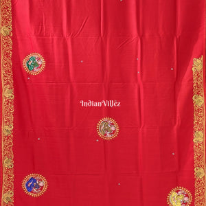 Red Ramayana Theme Pattachitra Saree