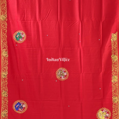 Red Ramayana Theme Pattachitra Saree