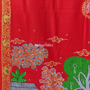 Red Ramayana Theme Pattachitra Saree