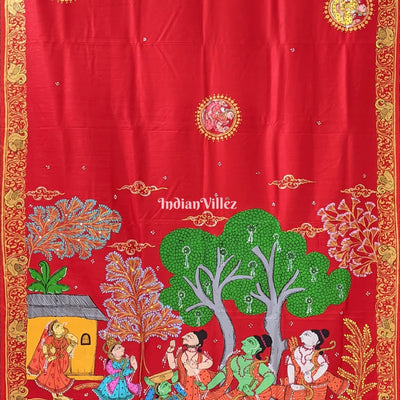 Red Ramayana Theme Pattachitra Saree