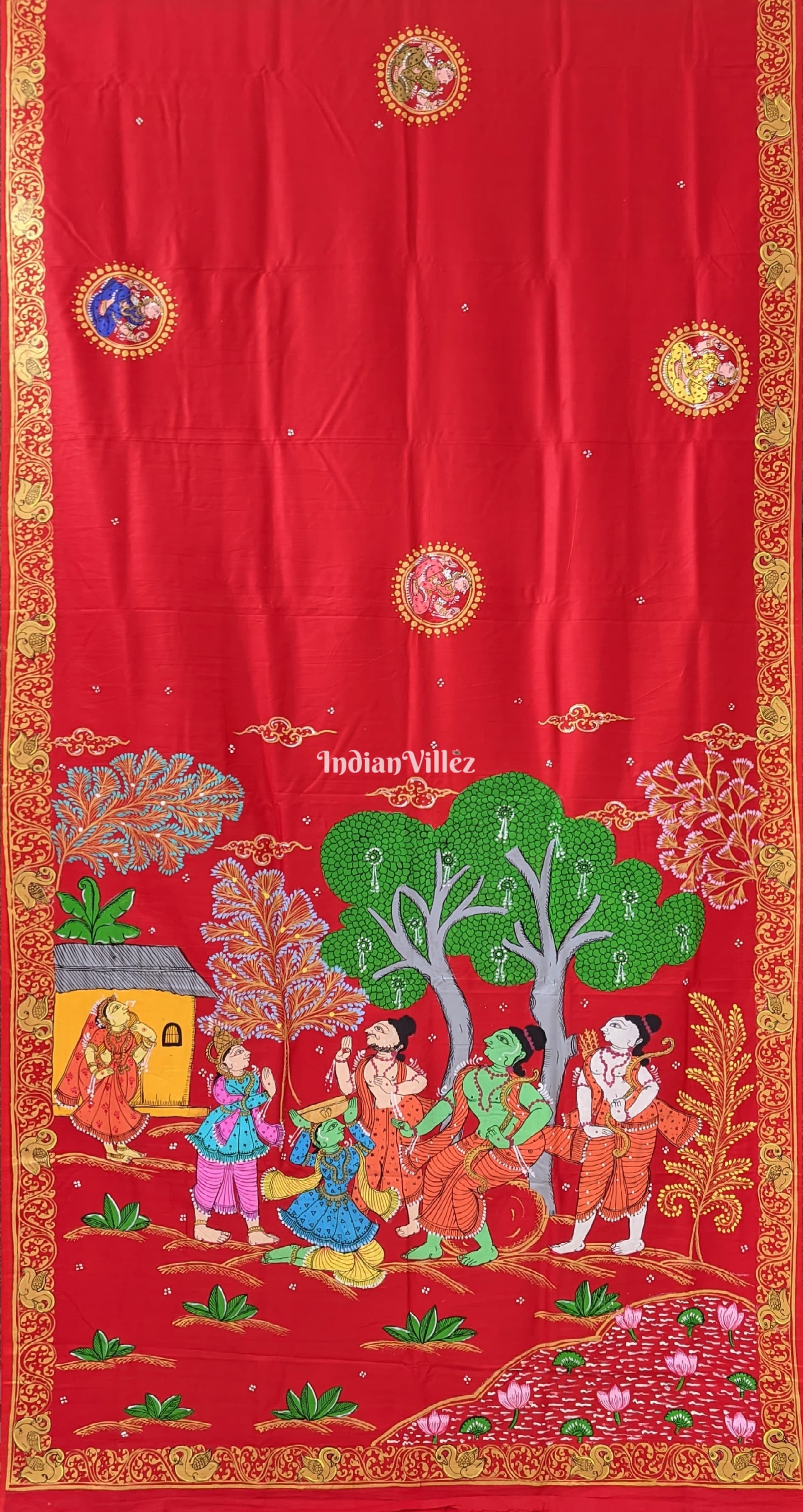 Red Ramayana Theme Pattachitra Saree