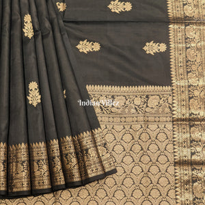 Black Banarasi Katan Saree with Golden Sunflower Design