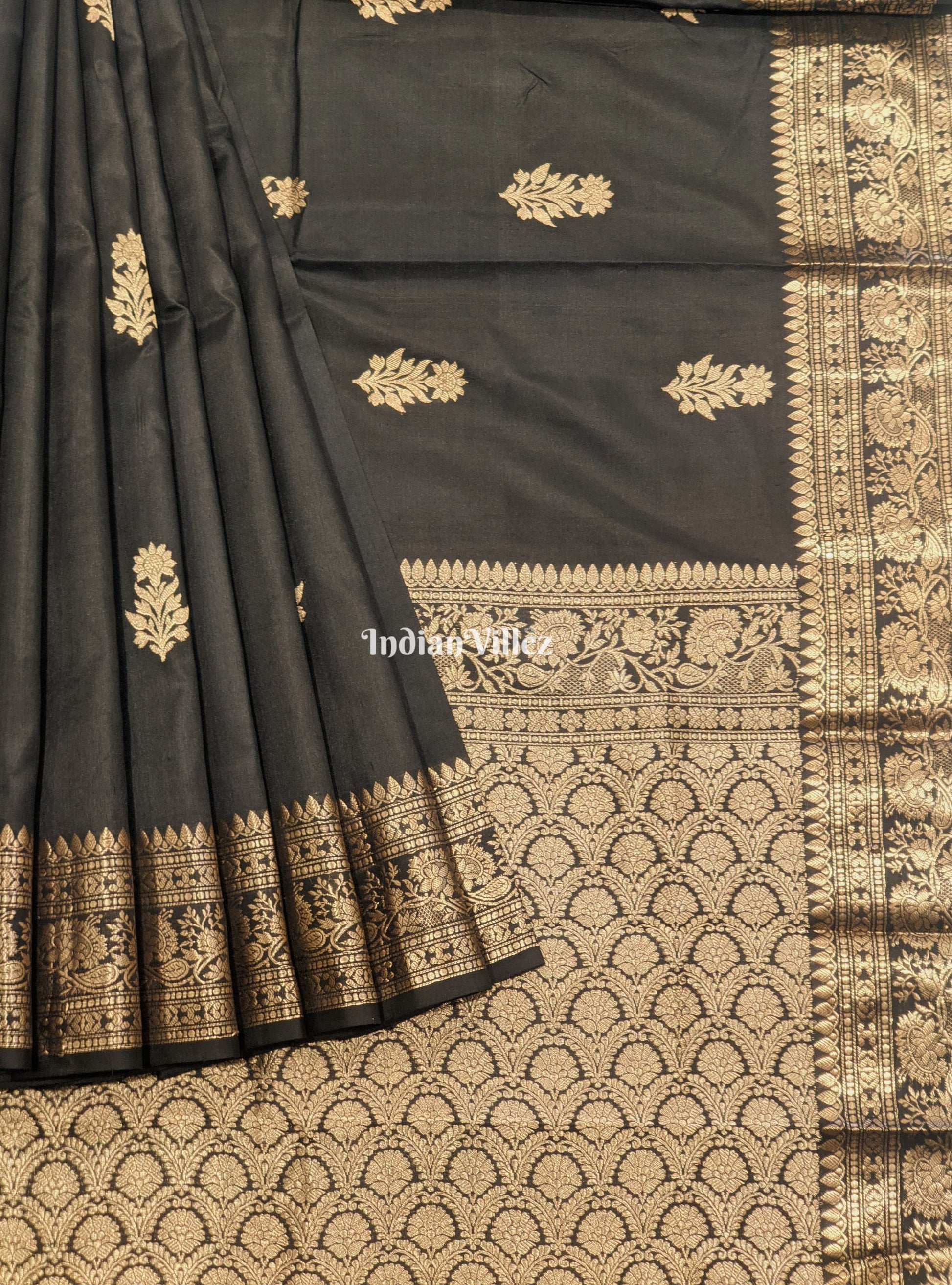 Black Banarasi Katan Saree with Golden Sunflower Design