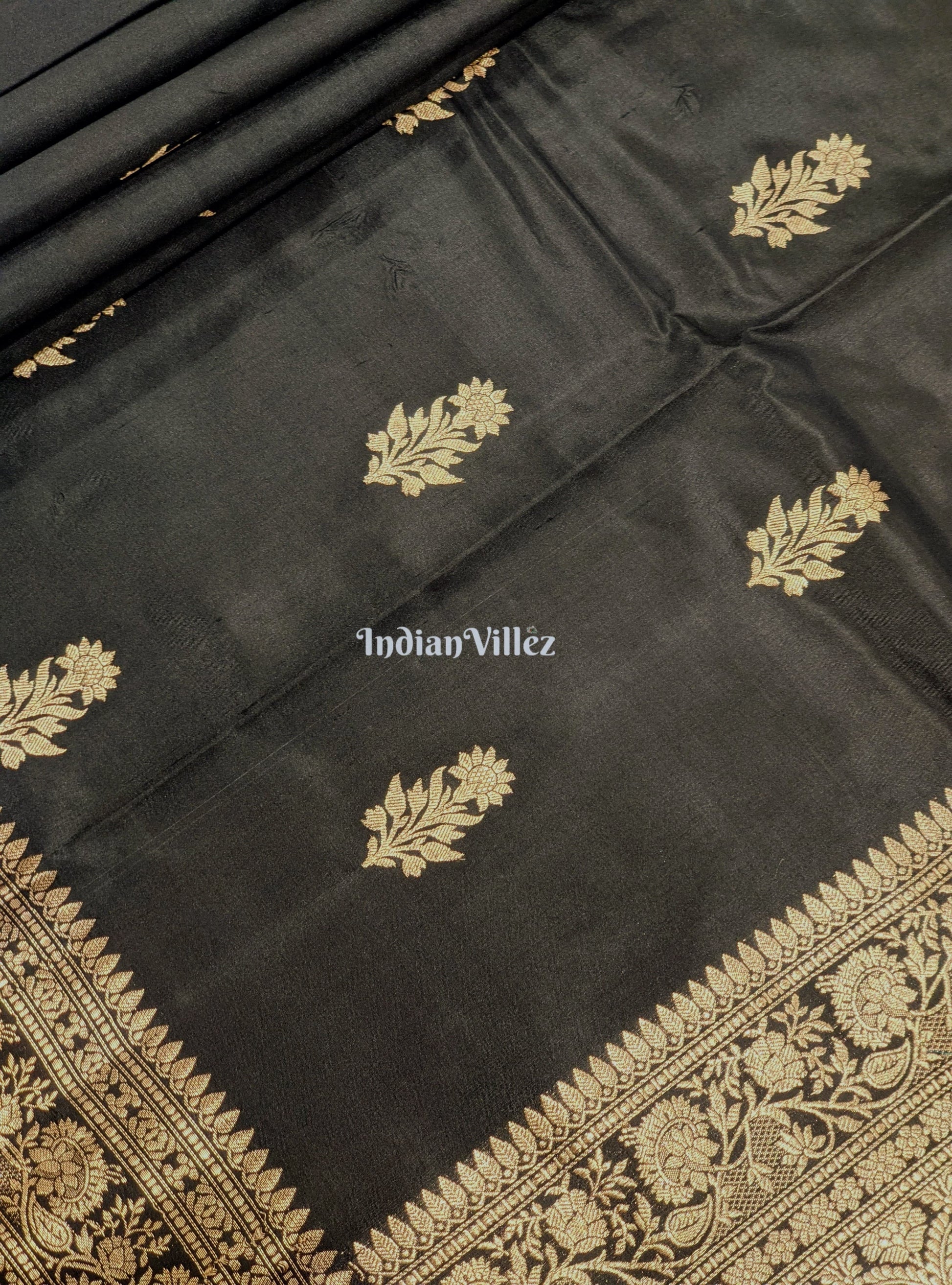 Black Banarasi Katan Saree with Golden Sunflower Design