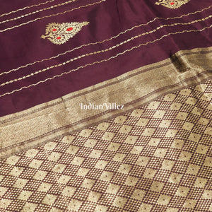 Wine Banarasi Katan Saree with Golden Flower Motif