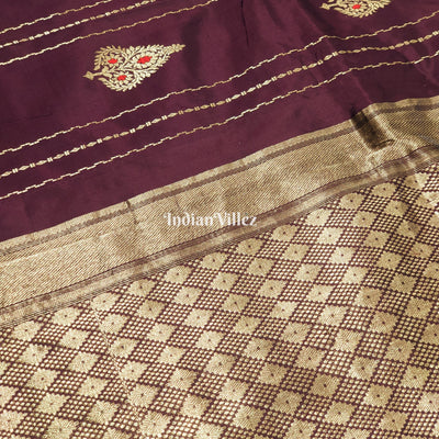 Wine Banarasi Katan Saree with Golden Flower Motif