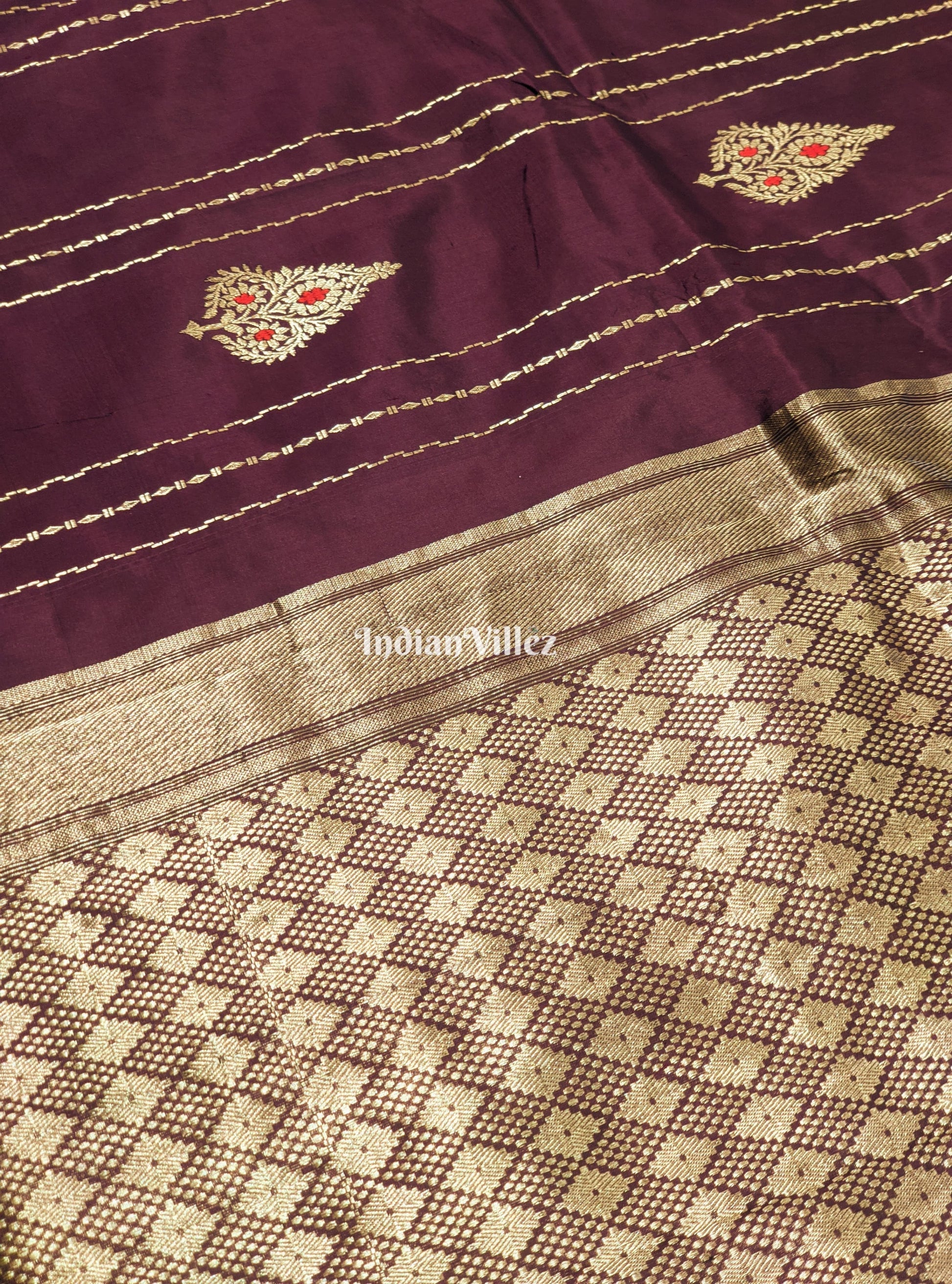 Wine Banarasi Katan Saree with Golden Flower Motif