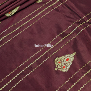 Wine Banarasi Katan Saree with Golden Flower Motif