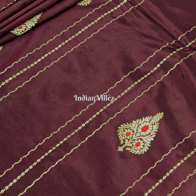 Wine Banarasi Katan Saree with Golden Flower Motif