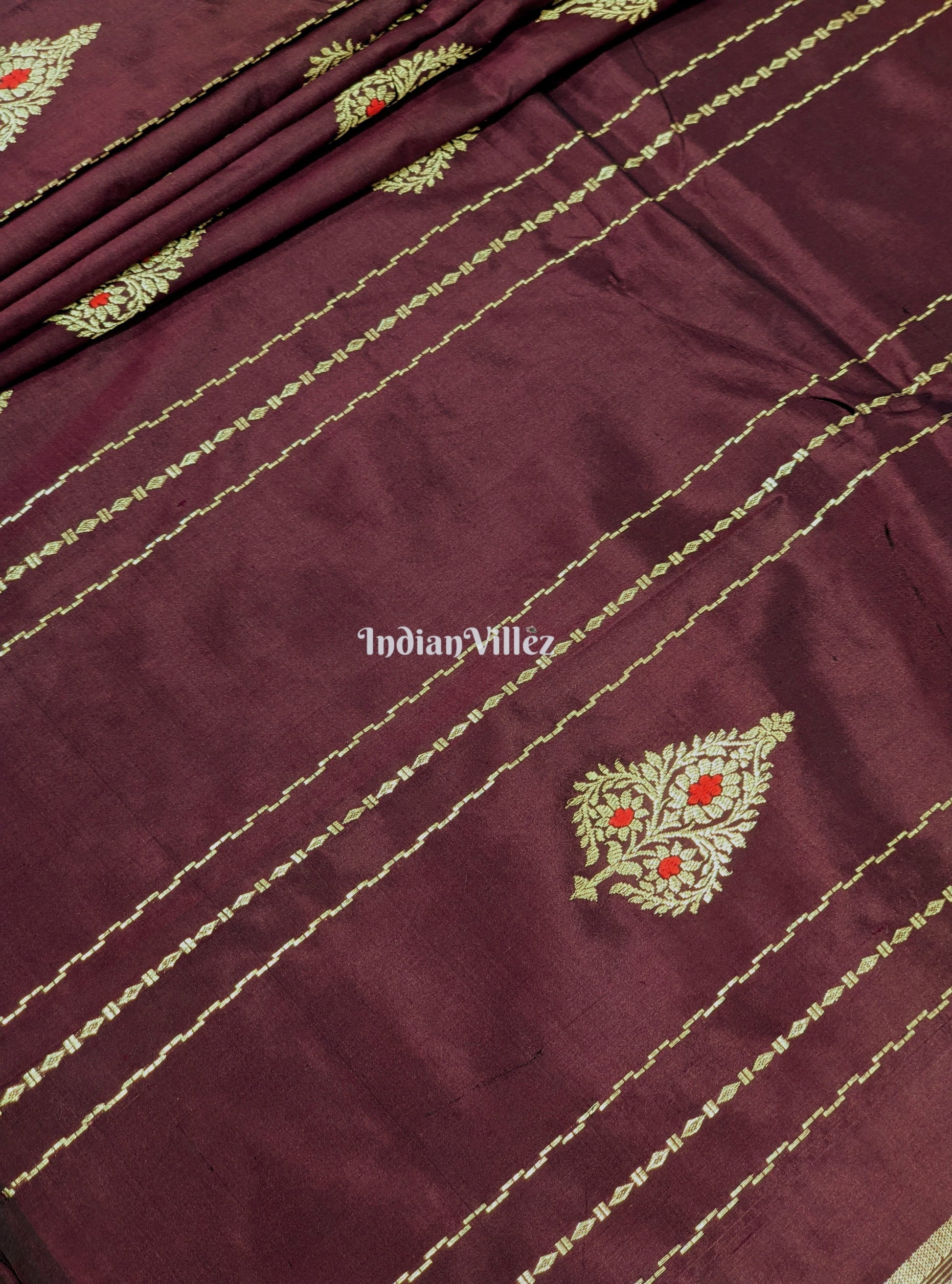 Wine Banarasi Katan Saree with Golden Flower Motif