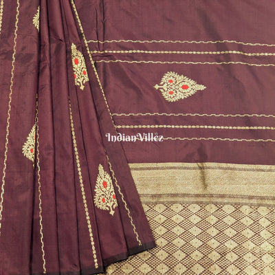 Wine Banarasi Katan Saree with Golden Flower Motif