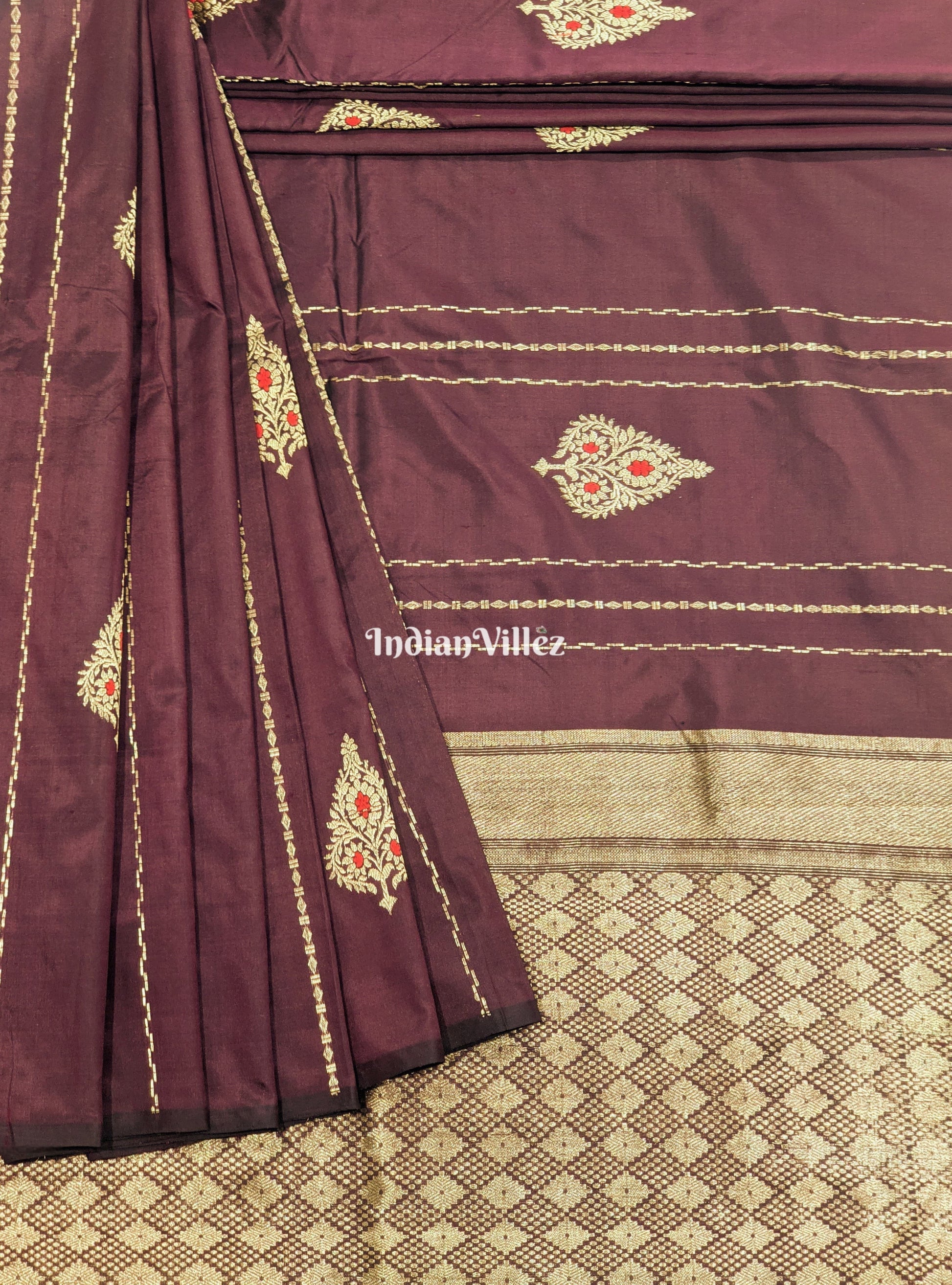 Wine Banarasi Katan Saree with Golden Flower Motif