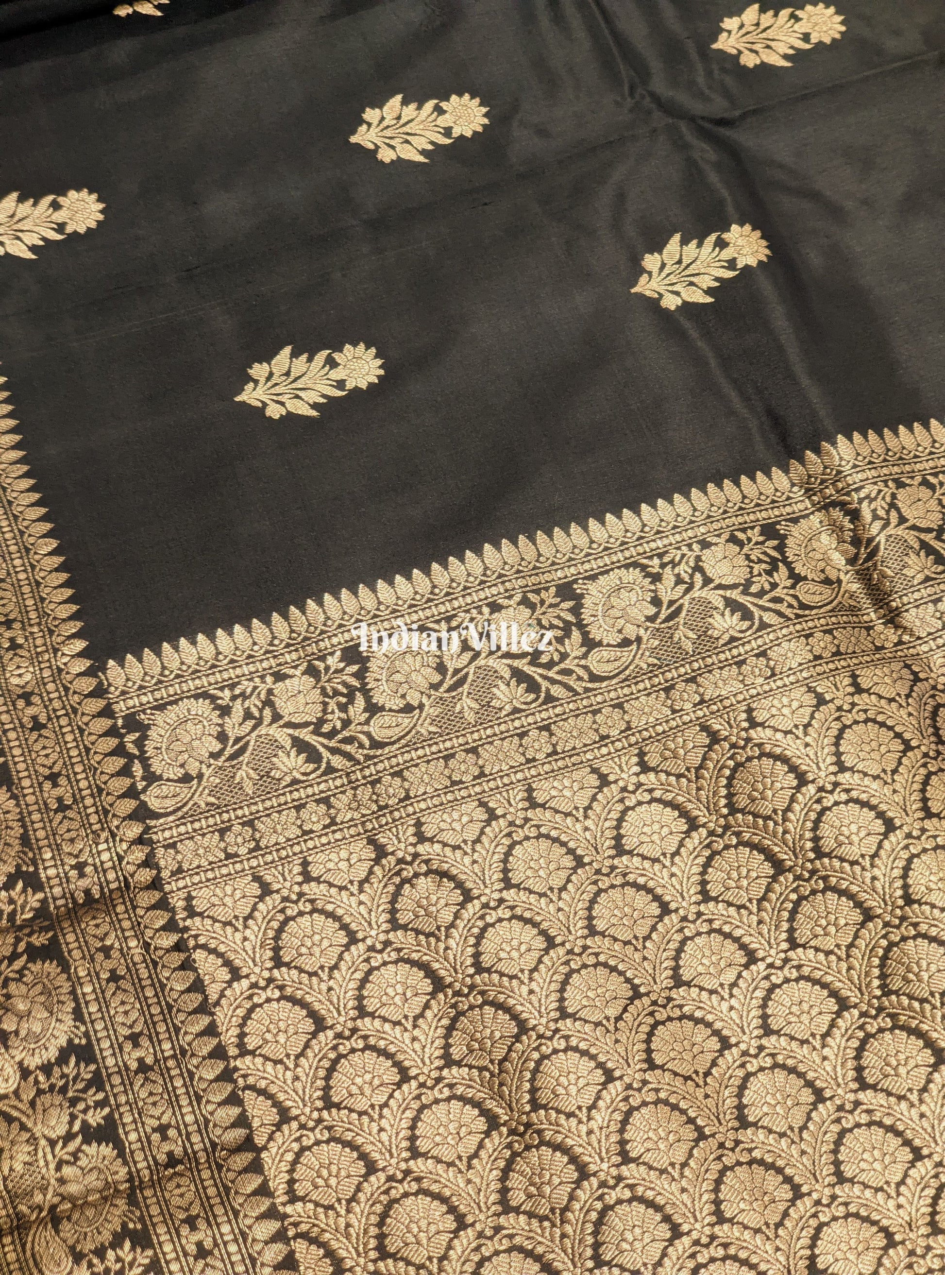 Black Banarasi Katan Saree with Golden Sunflower Design