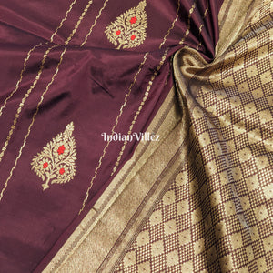 Wine Banarasi Katan Saree with Golden Flower Motif