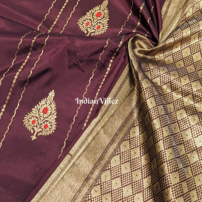 Wine Banarasi Katan Saree with Golden Flower Motif
