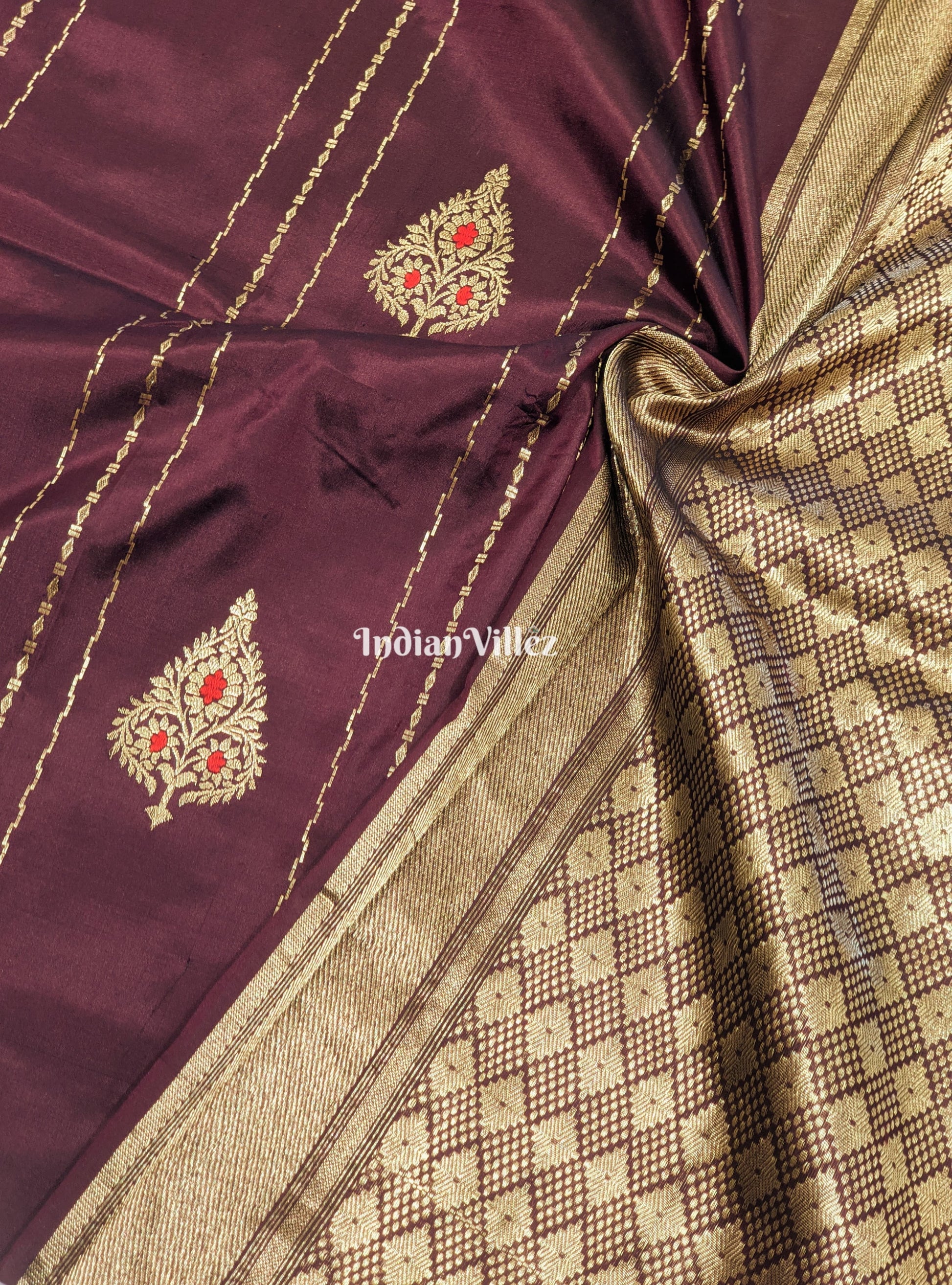 Wine Banarasi Katan Saree with Golden Flower Motif