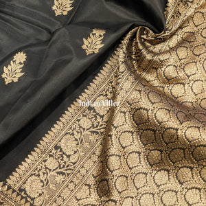 Black Banarasi Katan Saree with Golden Sunflower Design